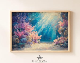 Stampa artistica colorata della barriera corallina, dipinto di vita marina, arte oceanica vintage, decorazione costiera per la casa, arte murale con fauna acquatica, dipinto del mare blu profondo