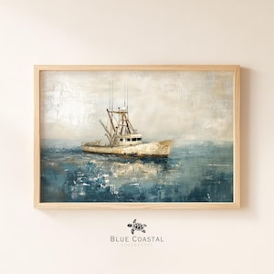 Vintage Shrimp Boat Painting Maritime Art Print Florida Wall Art Seascape Painting Blue Nautical Wall Decor Coastal Beach Home Decor