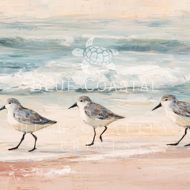 a painting of three birds walking on the beach
