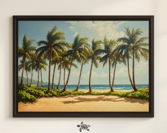 Lienzo enmarcado de palmera hawaiana, pintura de playa vibrante tropical, decoración de pared de baño de playa tropical, arte hawaiano, impresión de palmera, arte enmarcado