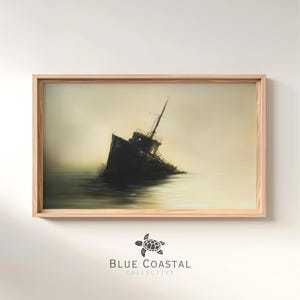 Printable Antique Shipwreck Painting Maritime Art Print Coastal Home Decor Vintage Seascape Calm Sea Painting Moody Nautical Wall Art