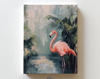 Flamingo Painting Canvas Beach Bedroom Decor Tropical Wall Art Vintage Beach Print Coastal Wall Art Palm Tree Painting Florida Wall Decor
