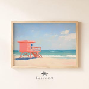 Pink Lifeguard Tower Wall Art Soft Coastal Landscape Boho Beach Decor Pastel Beach Print Sandy Beach Painting Muted Ocean Beach Print