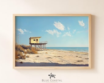 Vintage Lifeguard Tower Painting Lifeguard Print Sunny Beach Wall Art Antique Sandy Beach Print Coastal Wall Art Ocean Art Print