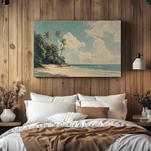 Muted Tropical Beach Canvas Faded Hawaiian Coast Wall Art Boho Coastal Ocean Painting Vintage Beach House Decor Palm Tree Wall Art