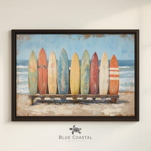Framed Surfboard Artwork Large Canvas Surf Decor Beach Painting Surfing Canvas Art Vintage Surfboard Wall Art Beach Home Decor Surf Shack