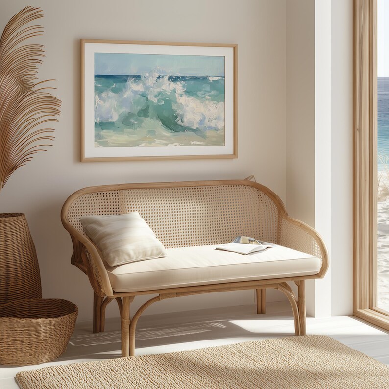 a living room with a couch and a painting on the wall