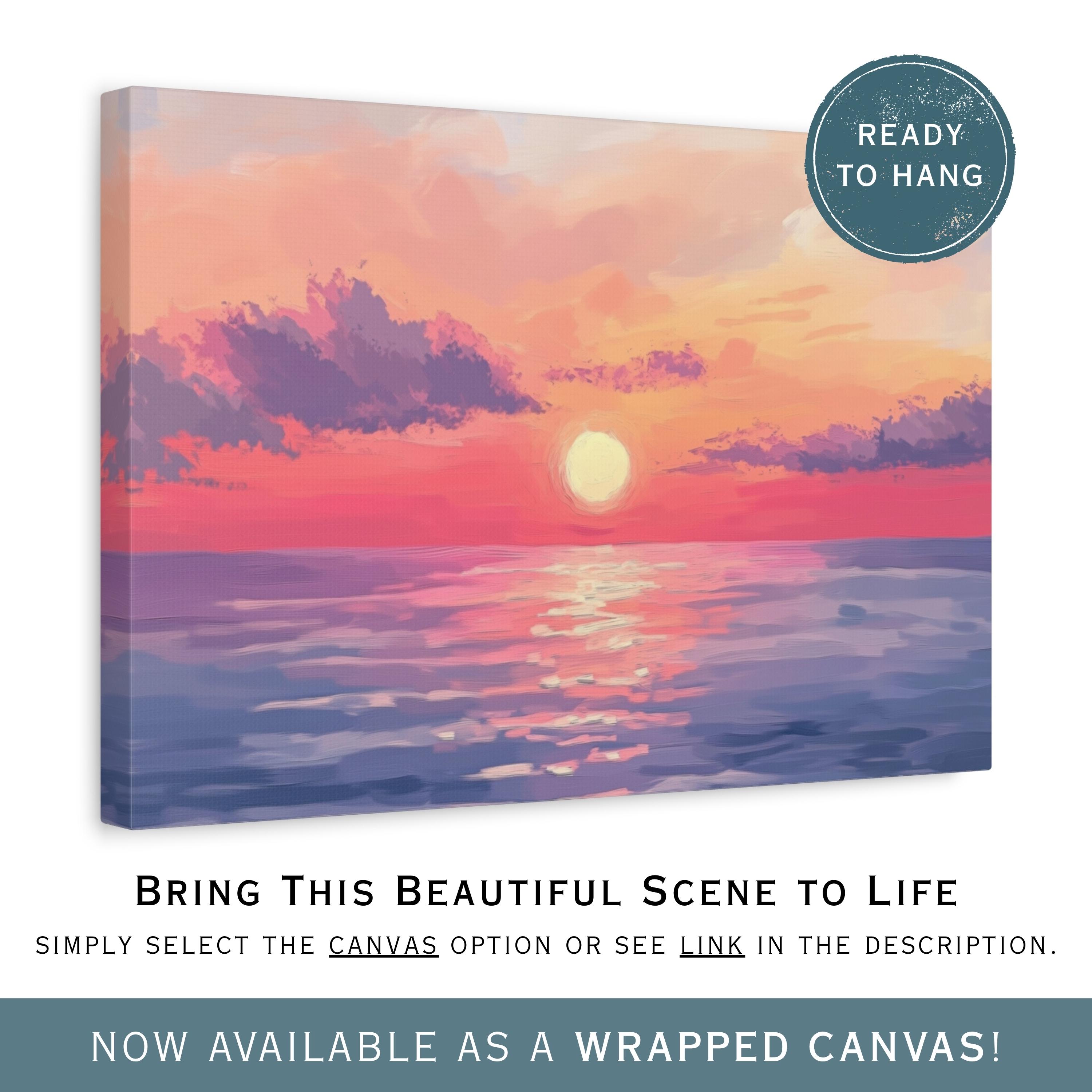 美しい夕日の絵画 パステル 海のプリント 夕日のアートプリント 夏の海