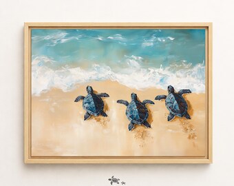 Framed Baby Sea Turtle Print Canvas Ocean Nursery Decor Cute Baby Turtle Painting Sandy Beach Wall Art Vintage Coastal Beach Wall Art Beige