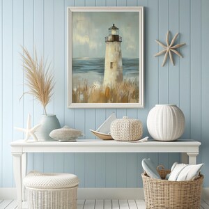 a painting of a lighthouse on a wall