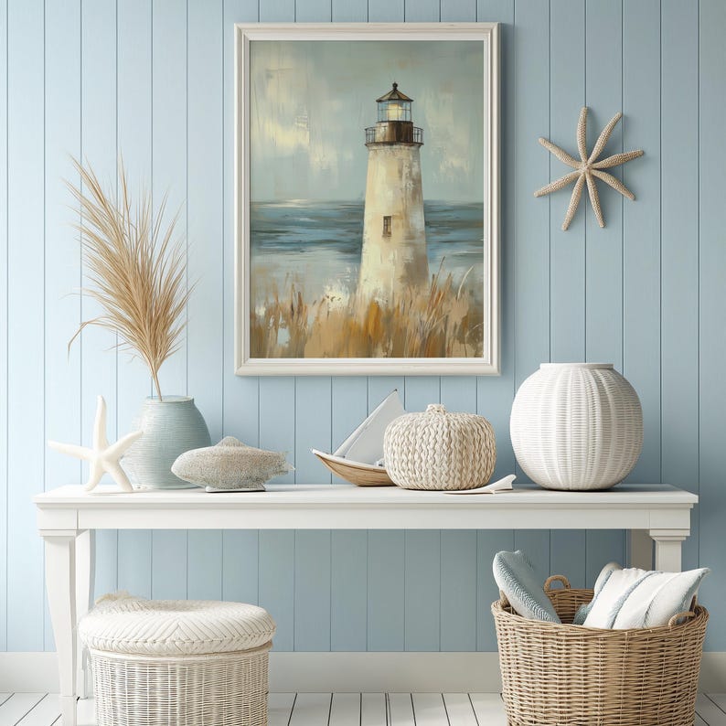 a painting of a lighthouse on a wall