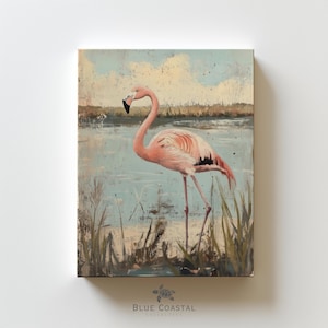 Flamingo Florida Print Rustic Coastal Bird Painting Beach Decor Vintage Pink Flamingo Wall Art Painting Beach House Wall Hanging Coastal Art