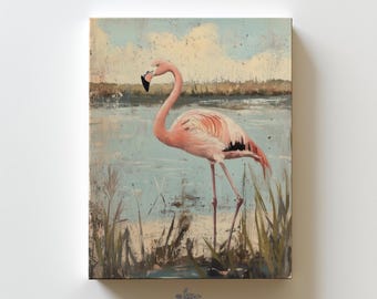 Flamingo Florida Print Rustic Coastal Bird Painting Beach Decor Vintage Pink Flamingo Wall Art Painting Beach House Wall Hanging Coastal Art