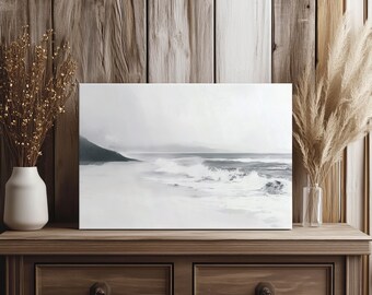 Impresión en lienzo de ondas silenciadas, decoración de casa de playa estilo bohemio, arte de pared costero, arte de pared de olas, paisaje costero suave, pintura de playa neutra vintage