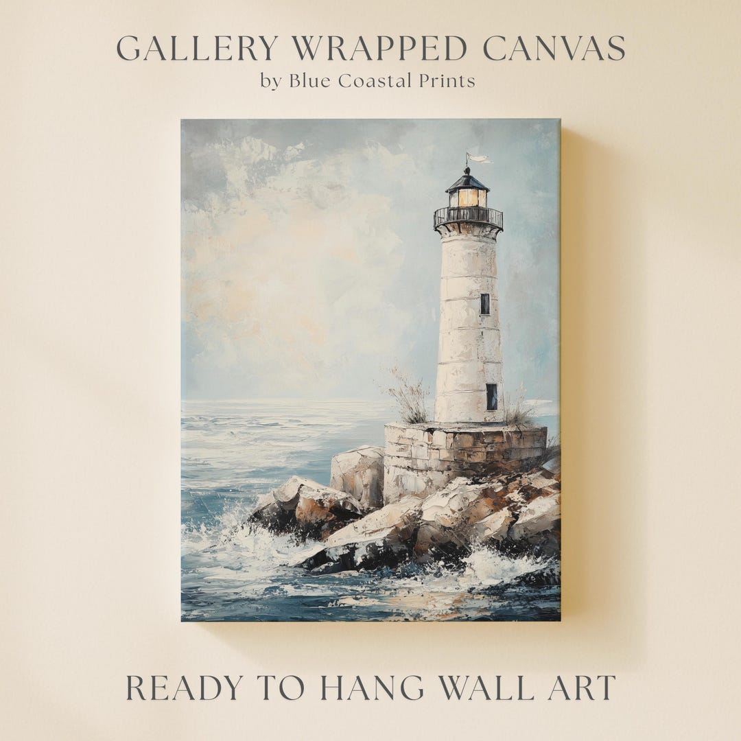 Lighthouse Canvas Coastal Painting Nautical Wall Decor Blue Ocean Art ...