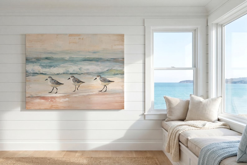 Lienzo vintage de playero con diseño de Florida para decoración de casa de playa, pintura de aves con olas oceánicas apagadas, colgante de pared para oficina, decoración costera bohemia imagen 8