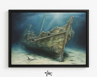 Framed Nautical Wall Art Vintage Ship Painting Old Sailing Wall Art Maritime Decor Rustic Nautical Painting Shipwreck Print Ocean Canvas Art