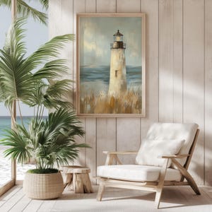 a painting of a lighthouse on a wall next to a chair and potted plant