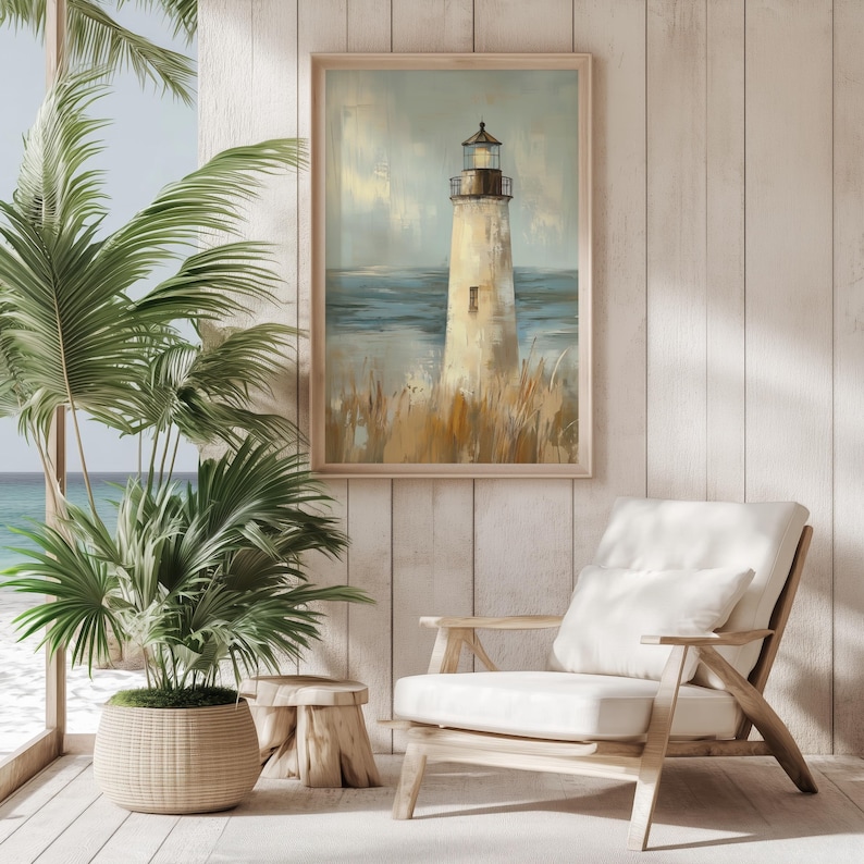 a painting of a lighthouse on a wall next to a chair and potted plant