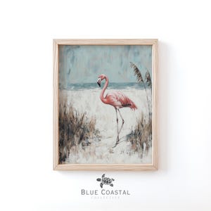 Flamingo Painting Moody Coastal Wall Art Vintage Beach Painting Landscape Tropical Poster Vertical Beach Decor Coastal Bathroom Print