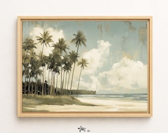 Framed Tropical Beach Canvas Vintage Hawaii Wall Art Muted Beach House Decor Boho Coastal Ocean Scene Tropical Wall Art Palm Tree Painting
