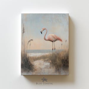 Vintage Florida Beach Art Print Canvas Tropical Wall Art Coastal Bird Painting Flamingo Decor Pink Rustic Wall Art Beach Bathroom Art Print