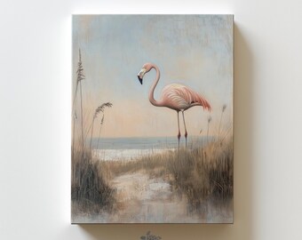 Vintage Florida Beach Art Print Canvas Tropical Wall Art Coastal Bird Painting Flamingo Decor Pink Rustic Wall Art Beach Bathroom Art Print