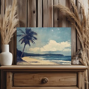 Vintage Tropical Beach Canvas Print Soft Coastal Landscape Boho Beach House Decor Rustic Palm Tree Wall Art Antique Beach Painting
