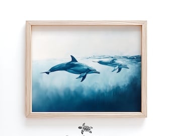 Ocean Wildlife Print Nursery Decor Coastal Wall Art Moody Nautical Decor Dolphin Painting Vintage Dolphin Art Print Ocean Lover Gift