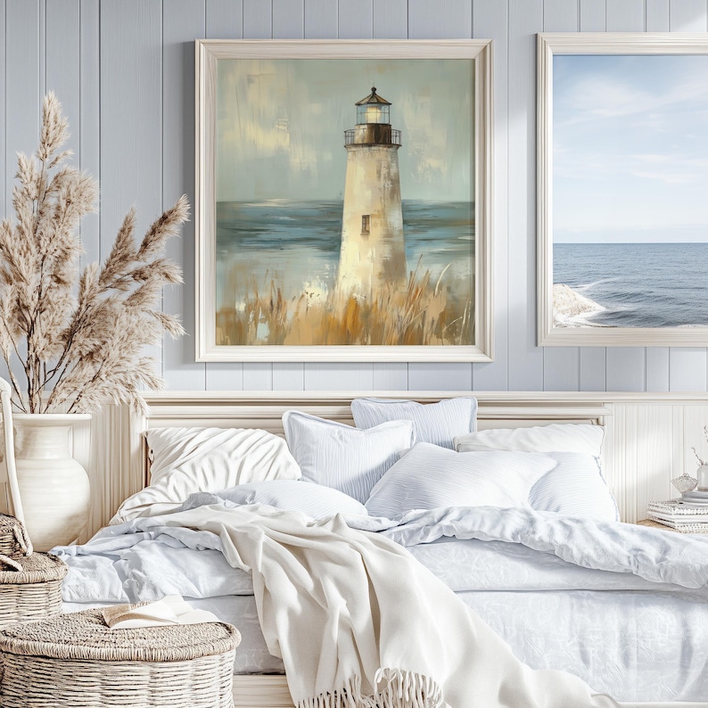 a painting of a lighthouse hangs above a bed