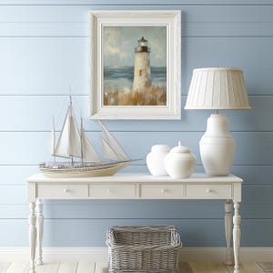 a painting of a lighthouse with a sailboat in the background