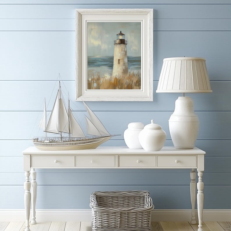 a painting of a lighthouse with a sailboat in the background