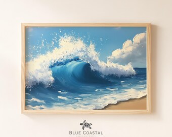 Vibrant Beach Barrel Print Crashing Wave Art Print Ocean Wave Painting Vintage Coastal Painting Beach House Wall Art Blue Wave Print
