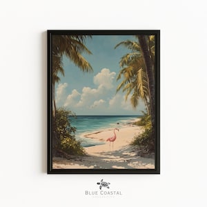 Framed Tropical Island Painting Beach House Wall Decor Vintage Flamingo Painting Palm Tree Wall Art Beach Bathroom Wall Hanging Canvas Beach