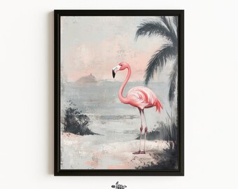 Framed Tropical Painting Flamingo Wall Art Moody Palm Tree Painting Canvas Beach Wall Art for Guest Bedroom Florida Wall Art Pink Flamingo