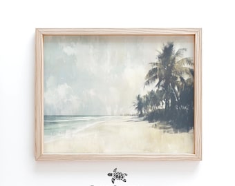 Printable Muted Hawaiian Beach Painting Antique Palm Tree Print Neutral Beach Painting Soft Coastal Landscape Boho Beach House Decor
