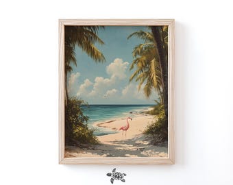Beach Painting Vintage Flamingo Wall Art Tropical Print Beach House Decor Coastal Bathroom Landscape Print Florida Decor Flamingo Painting