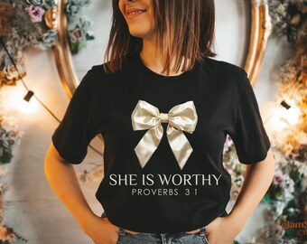 She is Worthy Bow PNG File, Women's Christian Shirts, Cute Christian Coquette Designs, Girly Faith Shirt Ideas, Trendy Christian Shirt Ideas