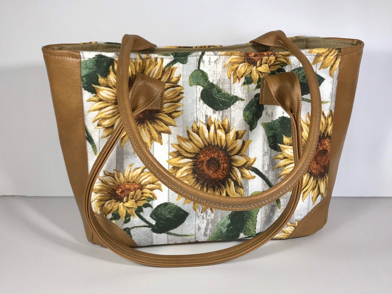 Purse Shoulder Bag store Tote Large Handmade Sunflowers Spring Summer Brown Vinyl Trim Pockets Magnetic Snap or Zipper Closure Available