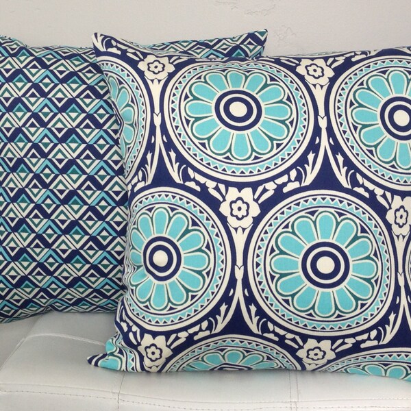 REVERSIBLE  Pillow Cover - Navy Turquoise Suzani Pillow - Tribal Print Pillow - Floral Accent Pillow - Navy Throw Pillow