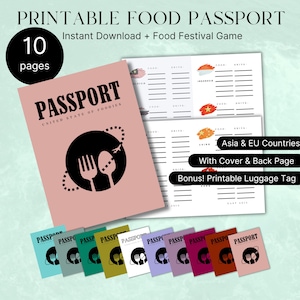 Afdrukbaar voedselpaspoort, eetcafe over de hele wereld, stempelboek foodfestivalidee, keukendagboek, dagboek, maaltijdreisdagboek, voedseltentoonstellingsactiviteit