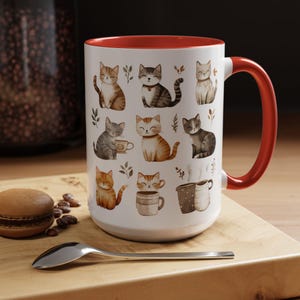 Watercolor Cats and Coffee Mug, Cute Animal Lover Gift, Ceramic Tea Cup, Kitchen Decor, Cat Mom Present, Pet Owner Gift, Kitten Lover Gift