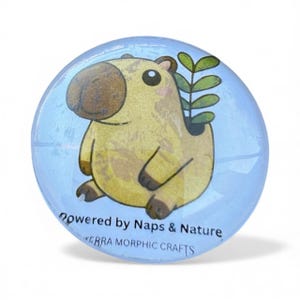 Peut inclure: Un presse-papier rond en verre bleu clair avec un dessin de capybara de dessin animé et une plante sur le dos. Le texte "Powered by Naps & Nature" et "Terra Morphic Crafts" est imprimé sur le presse-papier.