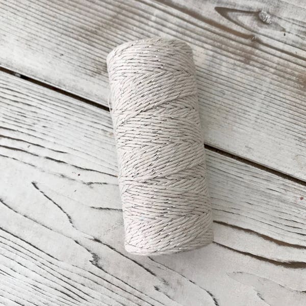 Metallic Silver Bakers Twine 12 ply Thick Cotton String Natural with Metallic Silver Bakers Twine 110 yard spool Silver Divine Twine  Silver