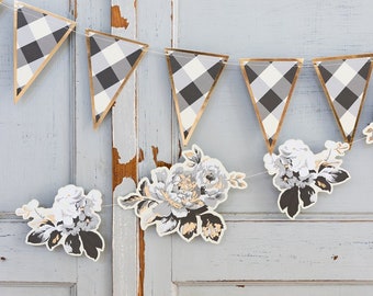 Gingham Farm Floral Banner - Black and Grey Floral Garland - Gingham Farm My Mind's Eye Collection - Boho Floral Banner - Farmhouse Floral