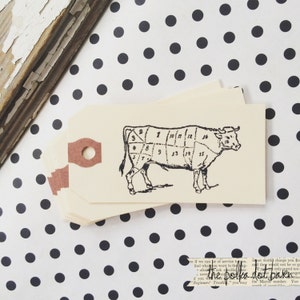 May include: A black and white illustration of a cow divided into 18 sections, numbered 1 through 18. The illustration is printed on a cream-colored tag with a brown paper hole.