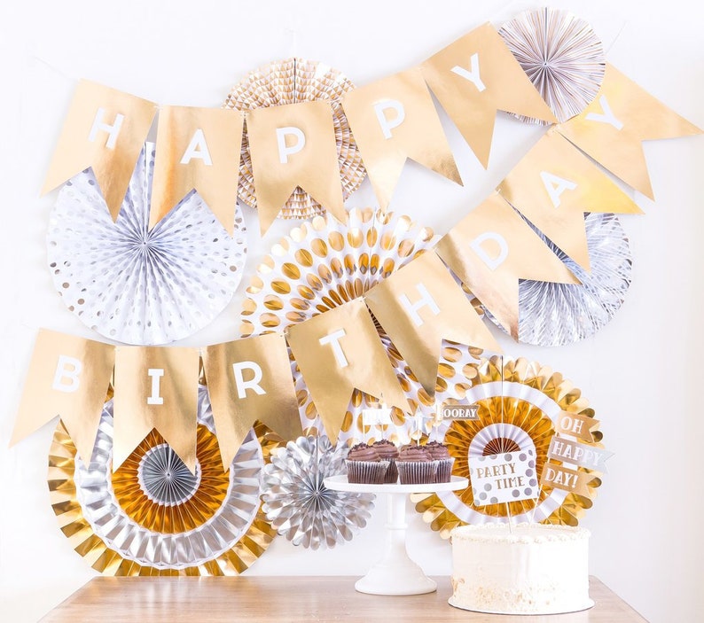 Metallic Party Fans Gold Wedding Decor Gold and Silver Paper Rosette Backdrop Paper Fan Pinwheel Backdrop Gold & Silver Party Fans image 2