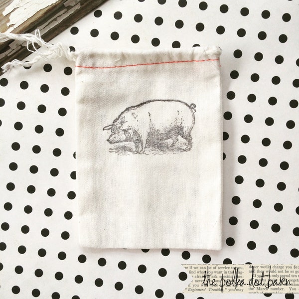 Pig Gift Bag - 10 hand stamped pig cotton bag, 3x5 cloth party bags - Hand stamped pig bag - Pig Party - Primitive Rustic Farmhouse Pig Bag