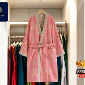 Floral Cotton Kimono | Retro Woven Bathrobe | Women&#39;s Jacquard Loungewear | Soft Sleepwear Robe | Cozy and Comfy Dressing Gown