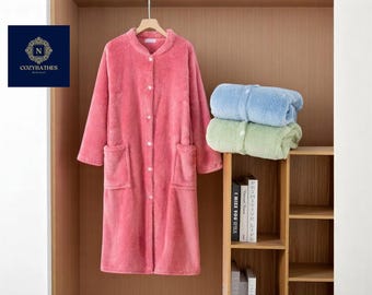 Women&#39;s Cozy Bathrobe | Winter Fleece Robe | Comfy Warm Flannel Sleepwear | Button Lounge Wear | Soft Loose Dressing Gown